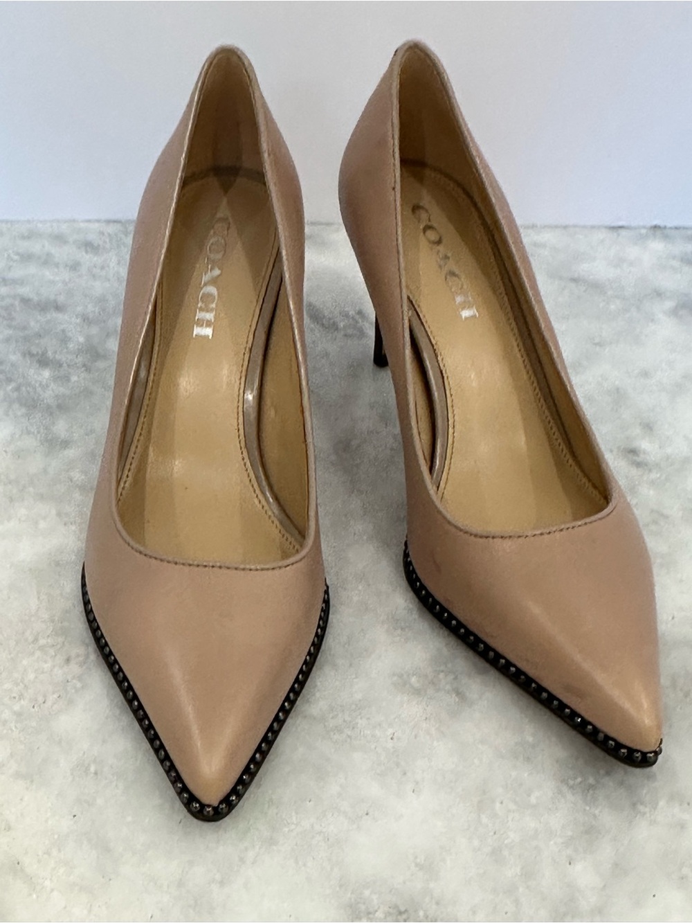 COACH Blush Nude Leather Pointed Toe Pumps with Studded Trim